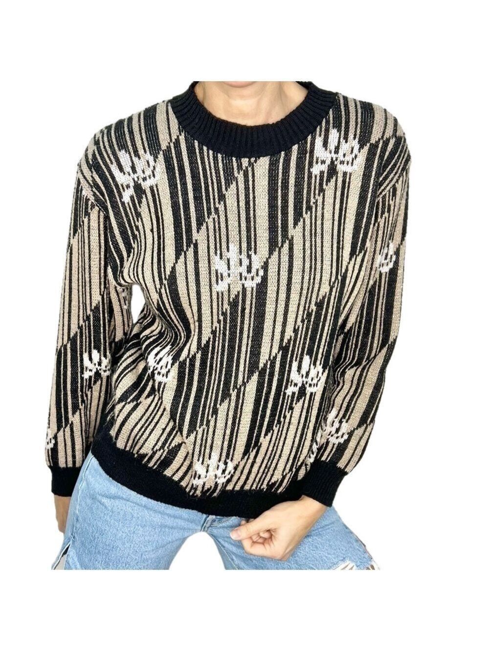 Vintage black tan metallic gold white intarsia floral sweater